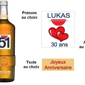 Etiquettes Pastis 51 personnalisées Anniversaire, Age, Camion, Chasse, Coeurs, Foot, Moto coeurs