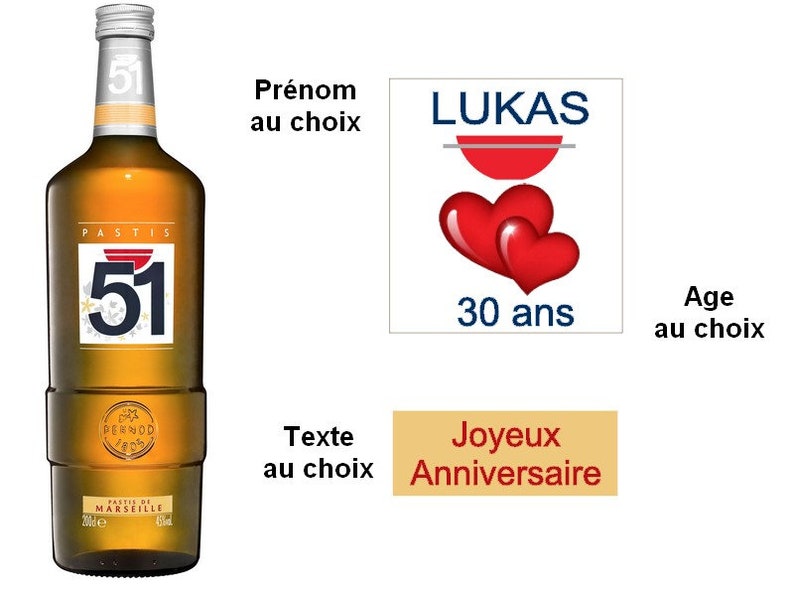 Etiquettes Pastis 51 personnalisées Anniversaire, Age, Camion, Chasse, Coeurs, Foot, Moto coeurs