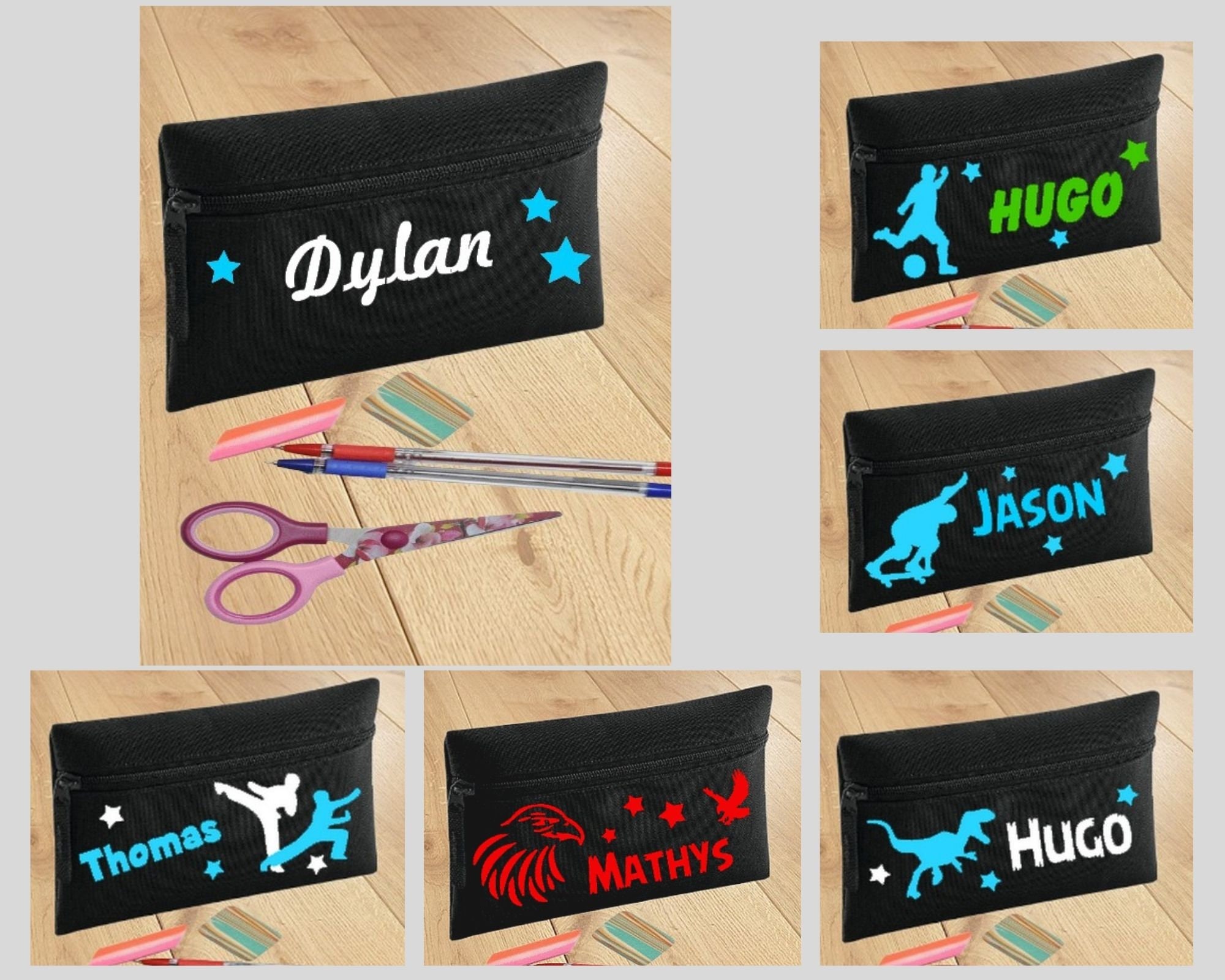 Trousse d'école Noire Personnalisée, Prénom et 2 Couleurs, 5 Modèles Garçon Au Choix, Aigle, Foot, S