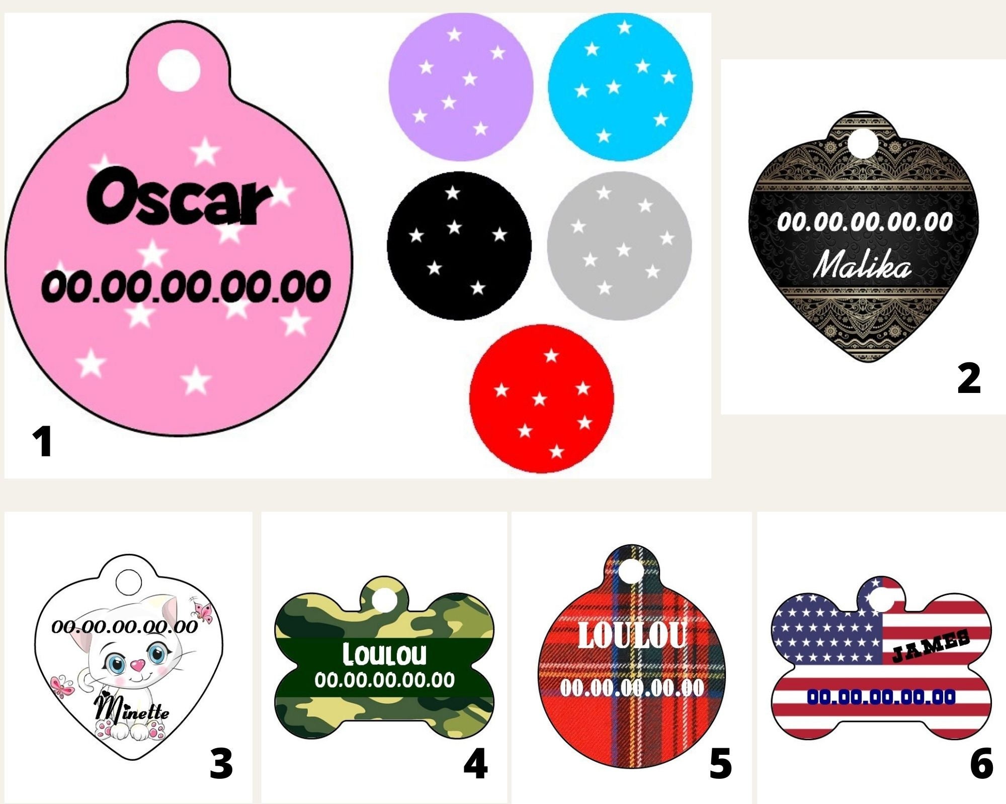 Plaque d'identification Pour Chien et Chat Personnalisée, 3 Formes Au Choix Os, Rond, Coeur, 6 Model