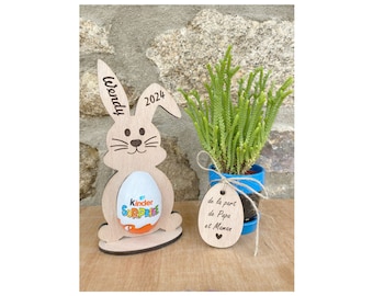 Lapin en bois personnalisé, Support en bois Œuf en chocolat surprise, Porte œuf surprise, Prénom et date au choix, cadeau pâques