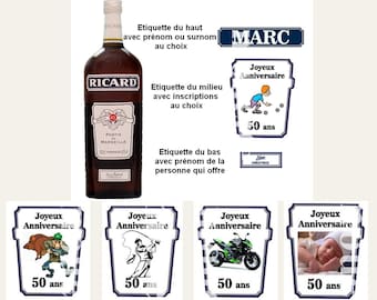 Etiquettes ricard personnalisées pour bouteille, Inscriptions au choix, Chasseur, Pêcheur, Joueur de pétanque