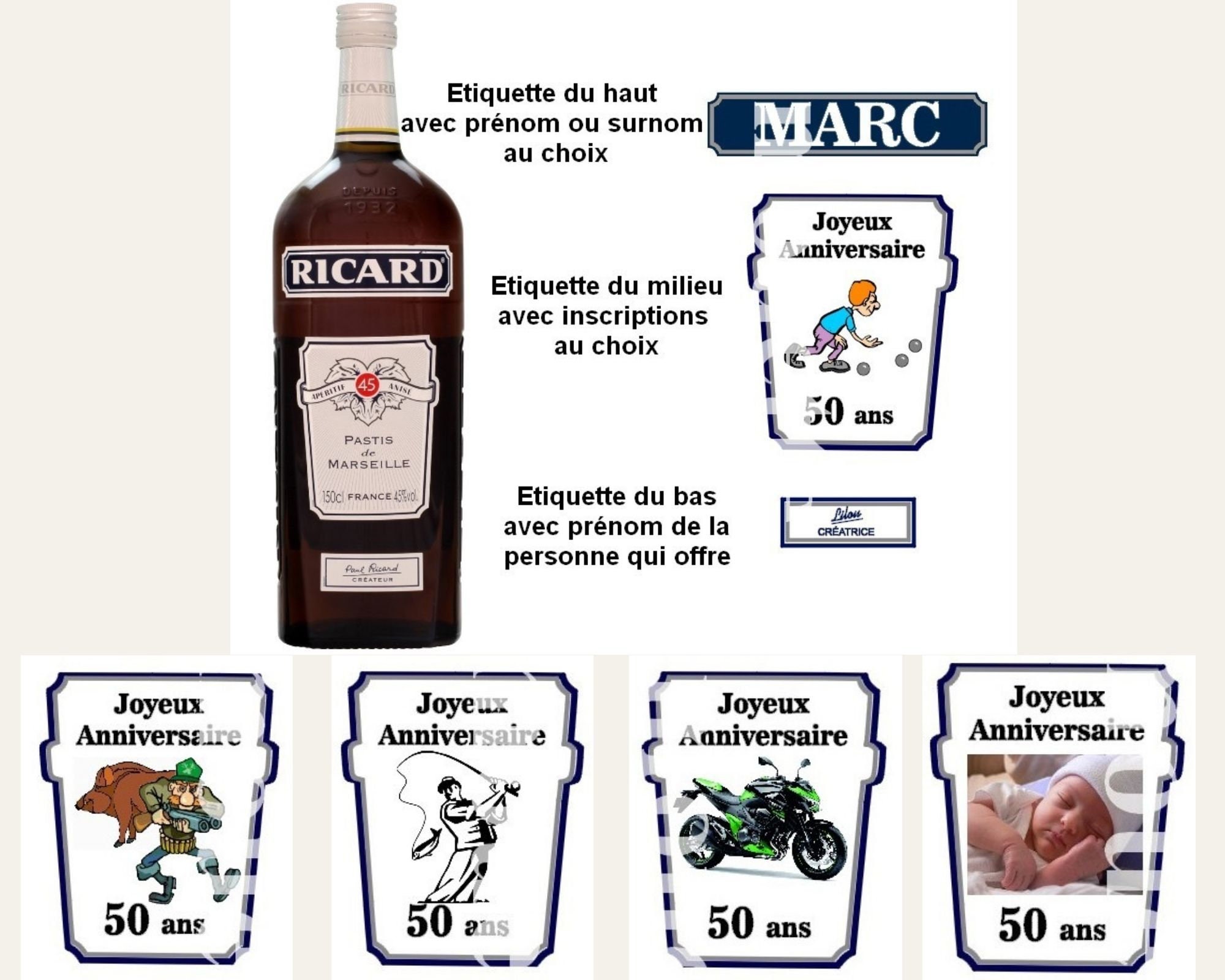 Etiquettes Ricard Personnalisées Pour Bouteille, Inscriptions Au Choix, Chasseur, Pêcheur, Joueur de