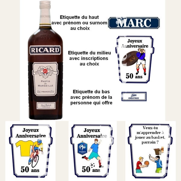 Etiquettes ricard personnalisées pour bouteille, Inscriptions au choix, Rugby, foot, vélo, basket