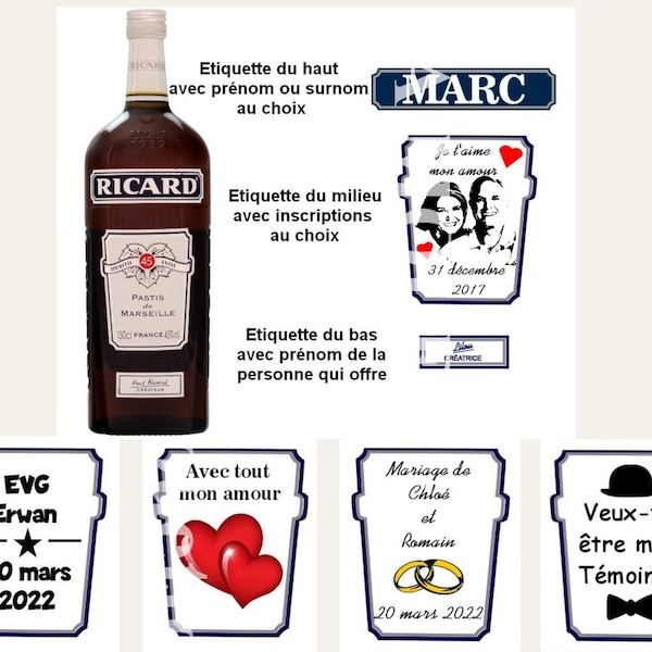 Etiquettes ricard personnalisées pour bouteille, Mariage, EVG, Demande de témoin, Portrait, Inscriptions au choix