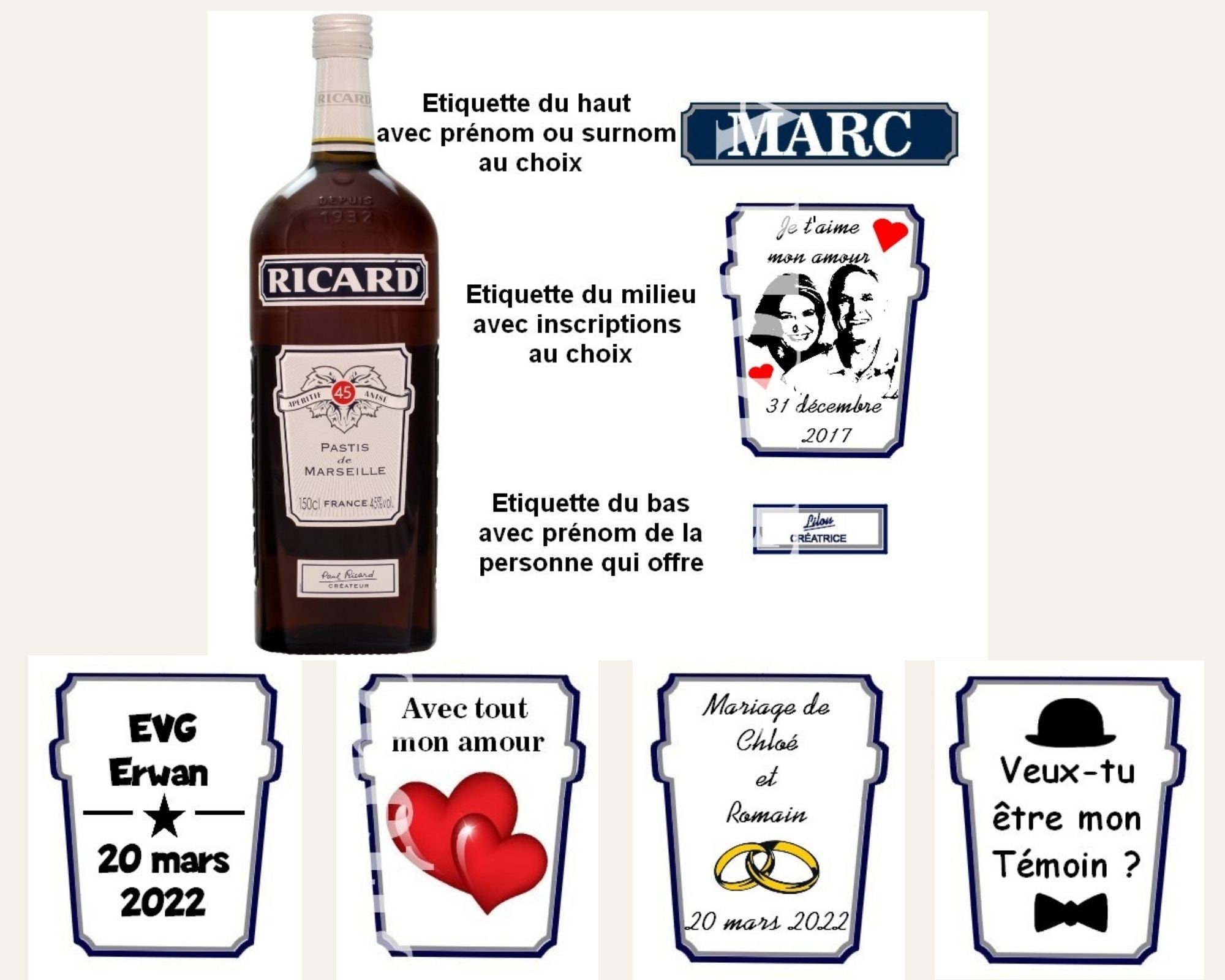 Etiquettes Ricard Personnalisées Pour Bouteille, Mariage, Evg, Demande de Témoin, Portrait, Inscript