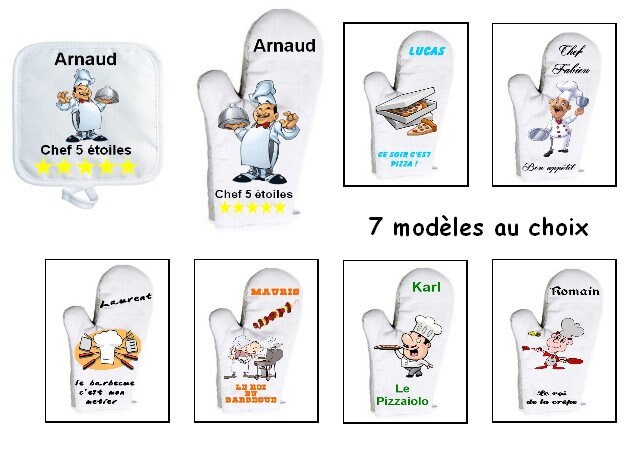 Gant de Cuisine avec Sa Manique Personnalisés, Prénom Au Choix, Cuisinier, Crêpier, Pizza