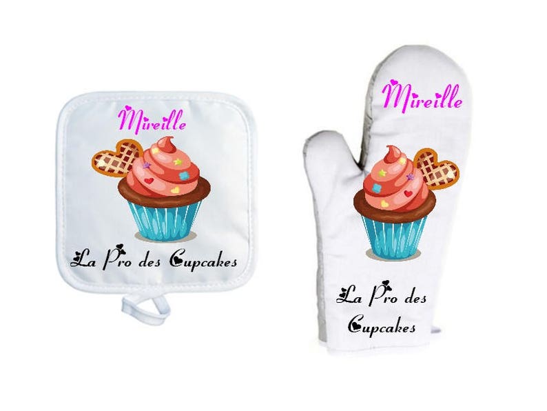 Gant de cuisine avec sa manique personnalisés, Prénom au choix, Gâteau, Cupcake, Macaron Modele 2