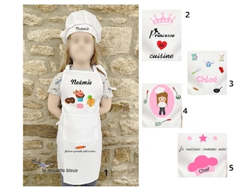 Tablier et toque enfant personnalisé pour fille, Prénom au choix, gâteaux, princesse en cuisine, ustensiles de cuisine, toque, cuisinière