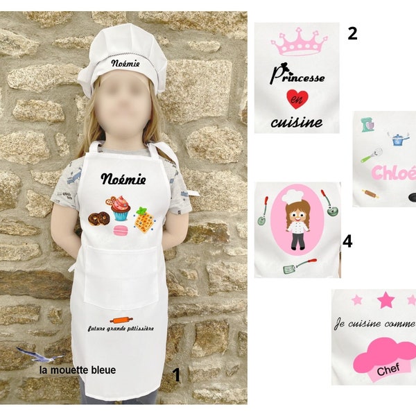 Tablier et toque enfant personnalisé pour fille, Prénom au choix, gâteaux, princesse en cuisine, ustensiles de cuisine, toque, cuisinière