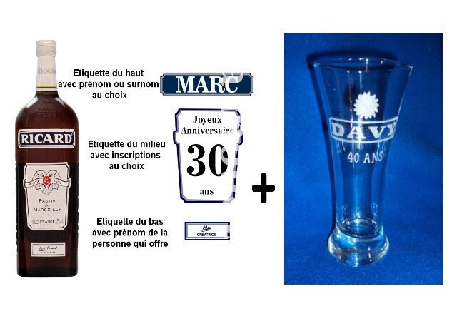 Verre à Ricard avec Etiquette Pour Bouteille, Dessin Age, Retraité, Moto, Pêcheur, Pétanque, Pompier