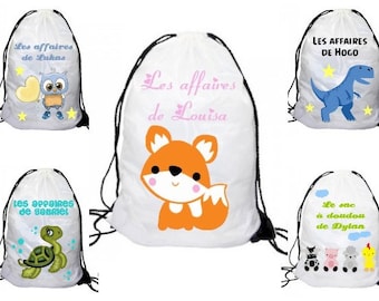 Sac à doudou à bretelle personnalisé, Prénom au choix, Dinosaure, Chouette, Animaux, Renard, Tortue