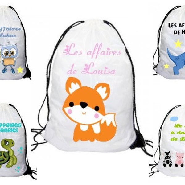 Sac à doudou à bretelle personnalisé, Prénom au choix, Dinosaure, Chouette, Animaux, Renard, Tortue