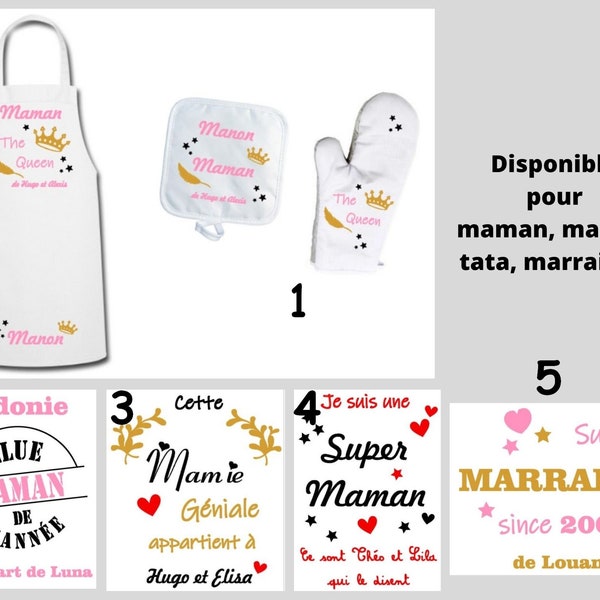 Tablier et gant de cuisine femme Maman, Mamie, Tata, Marraine personnalisé, Inscriptions au choix