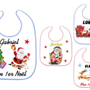 Bavoir mon premier noël personnalisable, Texte et photo au choix, Liseret rose ou bleu