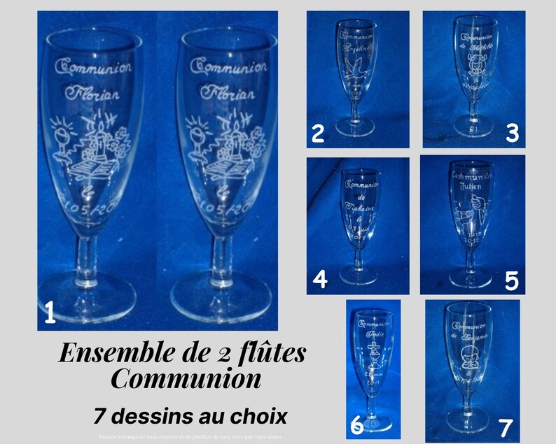 2 flutes gravée et personnalisées Communion, Inscriptions et dessin au choix, croix, calice, angle qui prie image 1