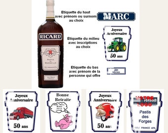 Etiquettes ricard personnalisées pour bouteille, Inscriptions au choix, Tracteur, Pompier, Camion, Départ en retraite, Logo d'entreprise