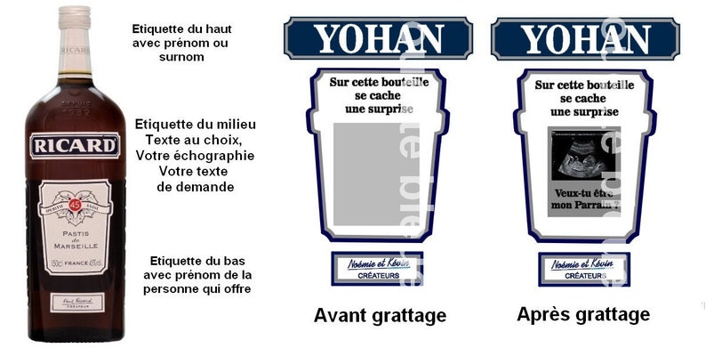 Etiquettes ricard à gratter, Demande de Parrain Marraine, 6 modèles au choix mon échographie