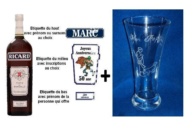 Verre à Ricard avec Etiquette Pour Bouteille, Dessin Chasseur, Tracteur, Moto, Pétanque, Retraité, R
