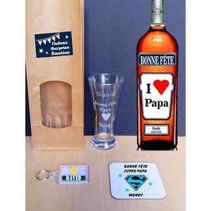 Boîte cadeau Papa, Verre ricard gravé, 1 sous bock, étiquettes bouteille, porte-clef