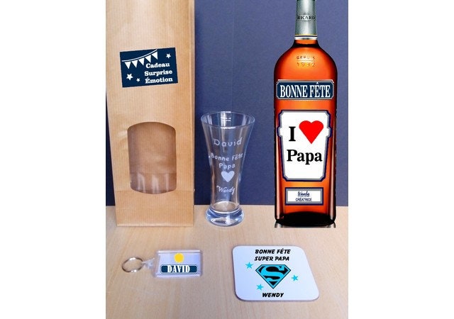 Boîte Cadeau Papa, Verre Ricard Gravé, 1 Sous Bock, Étiquettes Bouteille, Porte-Clef