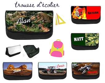 Trousse d'écolier personnalisée, Pompier, foot, animaux, lions, dinosaure, pompier, moto, tracteur, militaire