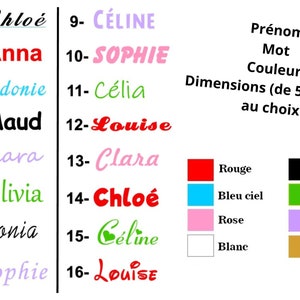 Peut inclure: Un tableau avec une liste de 16 noms en différentes couleurs, dont le rouge, le rose, le vert, le bleu et le noir. Les noms sont numérotés de 1 à 16. Sous les noms se trouvent des échantillons de couleurs pour le rouge, le bleu, le vert, le rose, le blanc, le noir, le violet et l'or.