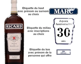 Etiquettes ricard personnalisées pour bouteille, Inscriptions au choix, Anniversaire, Logo