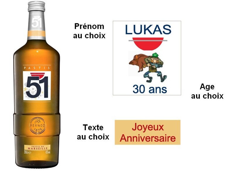 Etiquettes Pastis 51 personnalisées Anniversaire, Age, Camion, Chasse, Coeurs, Foot, Moto chasseur