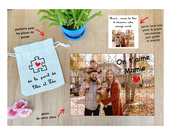 Puzzle personnalisé avec photo et message au choix avec sa pochette et carte modèle avec petit mot