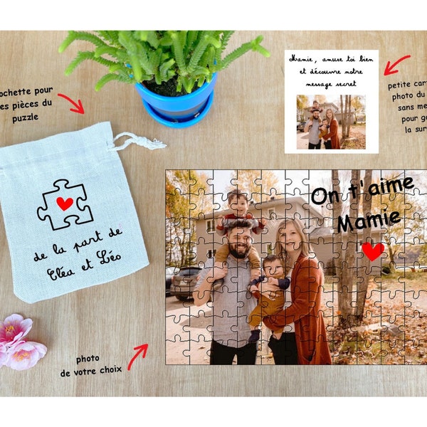 Puzzle personnalisé avec photo et message au choix avec sa pochette et carte modèle avec petit mot