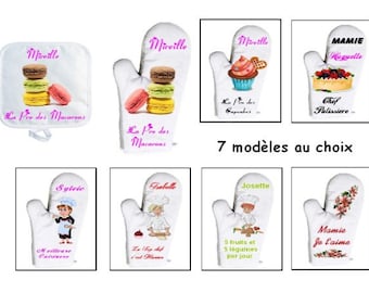 Gant de cuisine avec sa manique personnalisés, Prénom au choix, Gâteau, Cupcake, Macaron