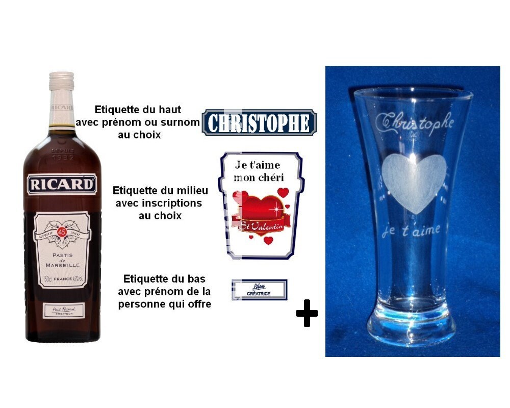 Étiquettes Ricard personnalisées pour bouteille, Inscriptions au choix,  Saint Valentin (ref 2)