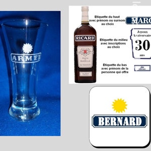 Verre ricard pastis, sous bock, étiquettes bouteilles, personnalisation au choix image 1