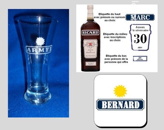 Verre ricard pastis, sous bock, étiquettes bouteilles, personnalisation au choix