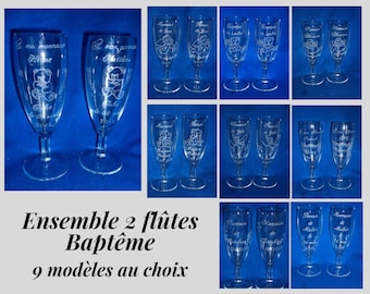 2 flutes gravées et perconnalisées Baptême, Inscripitons et dessin au choix, fée, ange, nounours