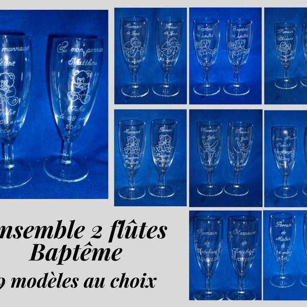 2 flutes gravées et perconnalisées Baptême, Inscripitons et dessin au choix, fée, ange, nounours