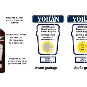 Peut inclure: Une carte à gratter bleue et blanche avec le texte "Yohan Ricard un jour, Ricard toujours, Ricard Surprise" et "Gratte le soleil pour découvrir mon message secret". La carte est à côté d'une bouteille de Ricard Pastis.