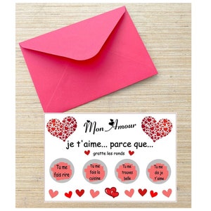 Carte à gratter Je t'aime parce que... Carte à gratter Saint Valentin, Carte à gratter couple, Carte à gratter annonce, demande en mariage