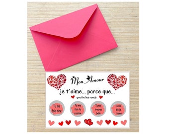 Carte à gratter Je t'aime parce que... Carte à gratter Saint Valentin, Carte à gratter couple, Carte à gratter annonce, demande en mariage