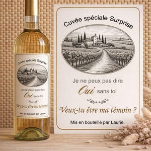 Peut inclure: Une bouteille de vin blanc avec un bouchon doré et une étiquette représentant un vignoble. Une carte assortie avec la même scène de vignoble et du texte en français est à côté de la bouteille. Le texte sur l'étiquette et la carte se lit "Cuvée spéciale Surprise".