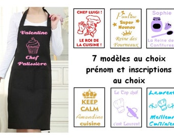 Tablier de cuisine noir adulte mixte personnalisé, lanière au cou réglable, Inscriptions au choix, 7 modeles au choix