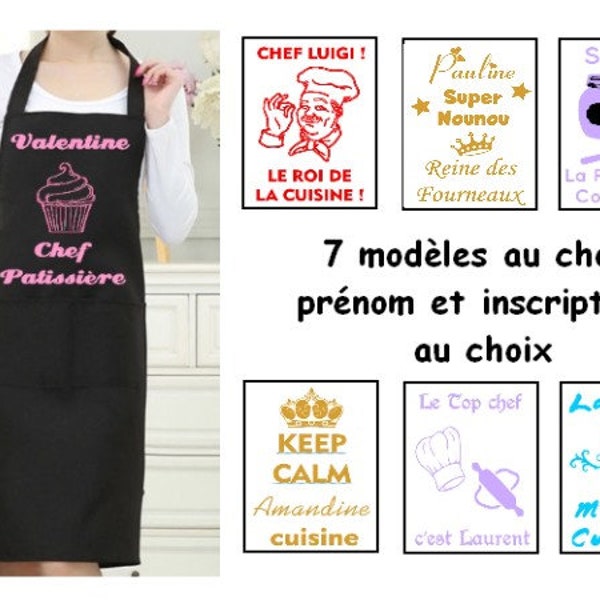 Tablier de cuisine noir adulte mixte personnalisé, lanière au cou réglable, Inscriptions au choix, 7 modeles au choix