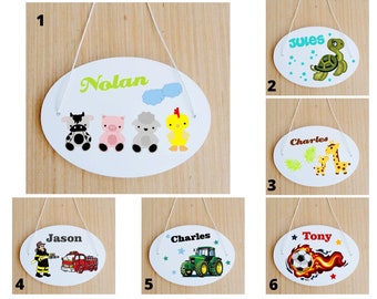 Oval door plate, for children's room, farm animals, turtle, giraffe, fireman, tractor, football