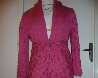 veste T.38/40,Pièce UNIQUE, gilet femme,Veste à pans mailles ajourées tricot fait main - Fuschia -