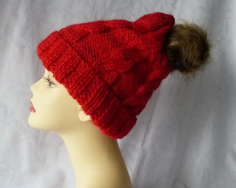 bonnet femme tricot, bonnet avec pompon,  tricot fait main, bonnet chaud,