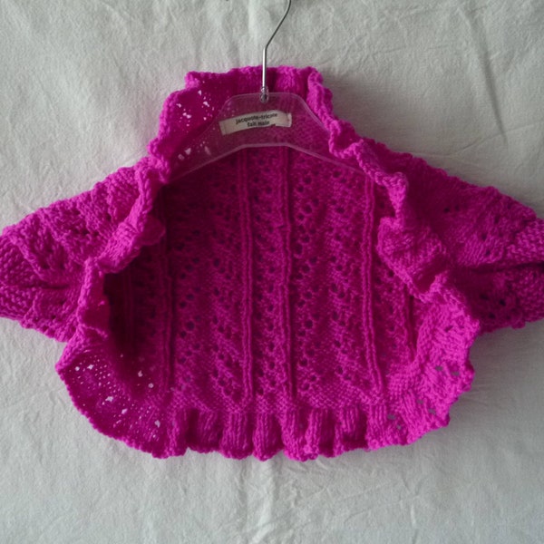 bolero fille, T. 3 ans à 8 ans, tricot fait main point dentelle rose fuschia