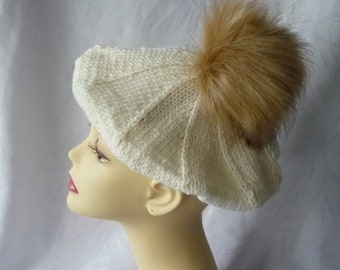 béret femme tricot avec pompon, bonnet femme tricot, tricot fait main, béret chaud,