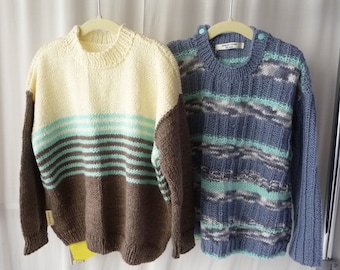 boy sweater, T. 7/8 years old, two-tone handmade knitting with handmade knitting stripes