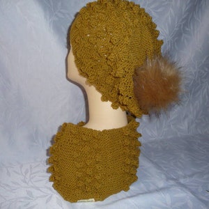 Hat and snood set, matching, handmade knitting dark ocher image 1